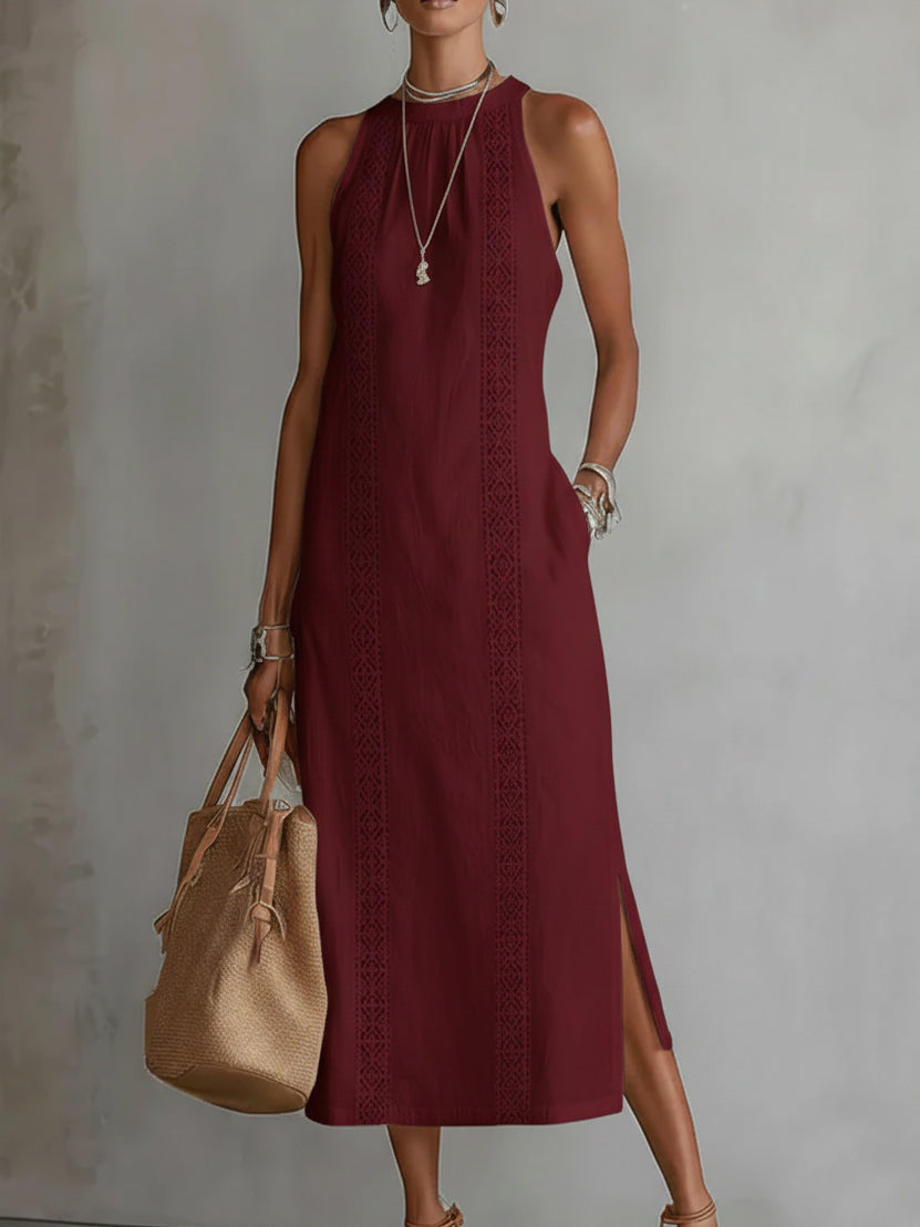 Isabelle's™ | Relaxed Embroidered Mandarin Collar Midi Dress